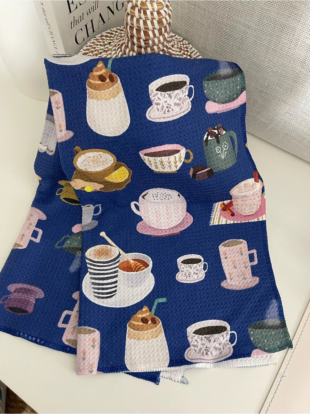 GEOMETRY coffee tea drink lovers hand dish towel navy blue